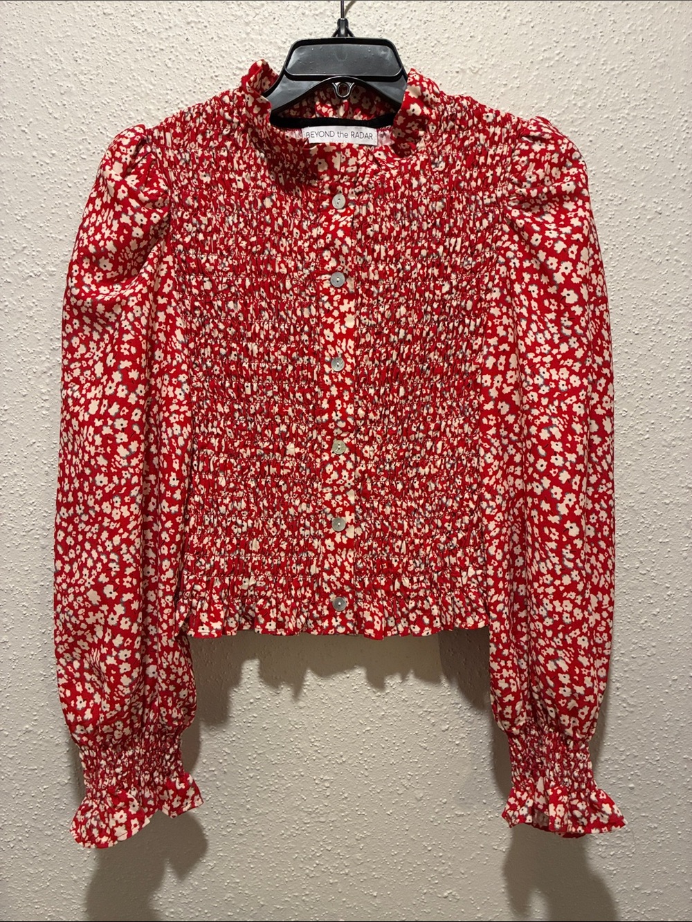 Red Floral Smocked Button-Up Blouse
